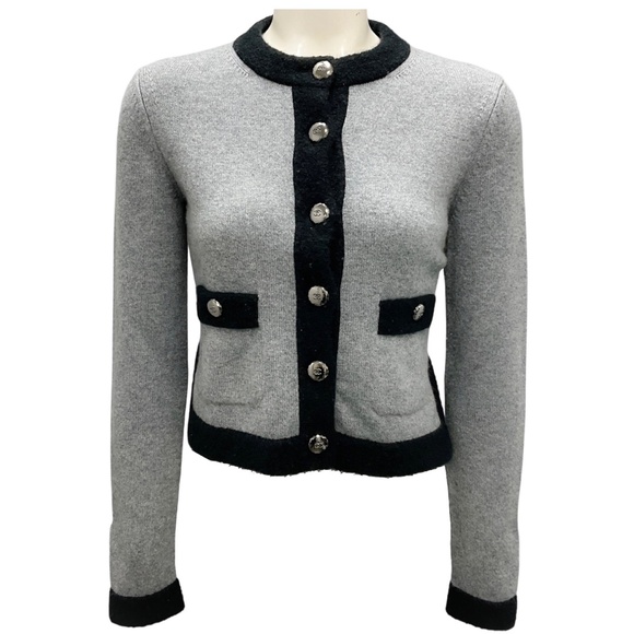CHANEL GREY / BLACK CC LOGO BUTTONED CASHMERE KNIT CARDIGAN SWEATER - Picture 1 of 7